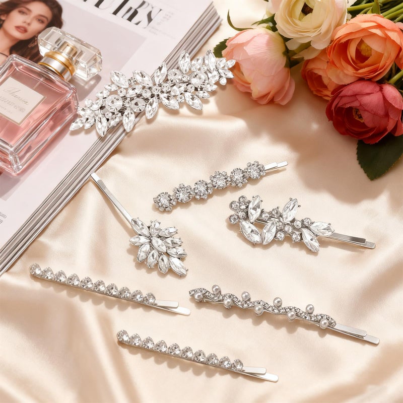 CYUXING 7Pcs Silver Leaf-Shaped Rhinestone Hair Clip for Brides, Wedding Hair Accessories for Women Shiny Clips for Bride, Wedding Crystal Hairpin Decorations Supplies for Graduation Ceremonies - Image 3